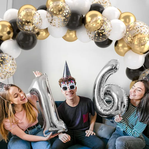 Miniatura 7 de Patimate Juego de globos de confeti negro y dorado, kit de 50 piezas de globos de látex de confeti metálico dorado negro y blanco de 12 pulgadas