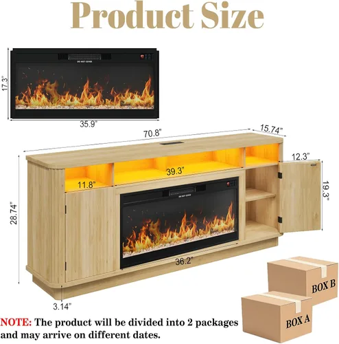 Miniatura 6 de Soporte de TV con chimenea acanalada de 70 pulgadas, centro de entretenimiento moderno con chimenea eléctrica de 36 pulgadas, consola multimedia