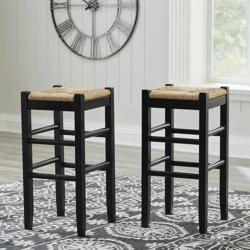Miniatura 2 de Signature Design by Ashley Mirimyn Farmhouse - Taburete de bar de altura de barra de 29.5 pulgadas con asientos de mimbre tejido, 2 unidades, negro