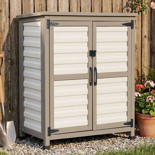 Pequeño armario de almacenamiento para exteriores con estante, cobertizo de almacenamiento de madera blanca y plástico con techo impermeable para