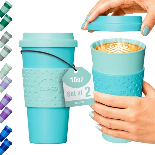 Miniatura 8 de Copco Acadia - Taza de viaje de 16 onzas con tapa, juego de 2 vasos aislados de doble pared, funda antideslizante y sin BPA, apta para microondas