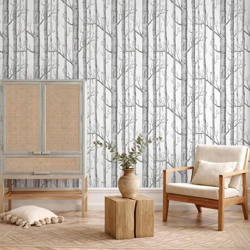 Miniatura 2 de VEELIKE Papel tapiz de abedul gris para despegar y pegar, papel tapiz minimalista de bosque de abedules para dormitorio, baño, paredes de acento