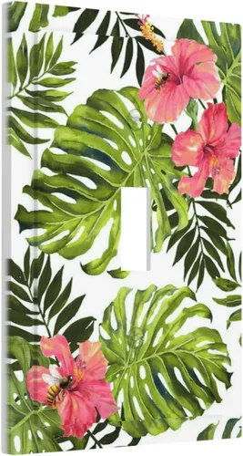 Cubierta de placa de pared con palmera verde de planta tropical, cubierta de interruptor de luz de 1 cuadrilla, hojas de plátano, flores rosas,