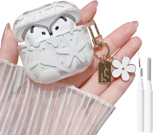 Miniatura 19 de MINSCOSE Compatible con AirPods Pro de 2ª/1ª generación, bonito diseño de patrón de conchas y estrellas de mar con llavero, funda protectora de TPU