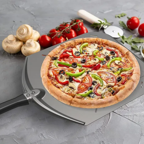 Miniatura 5 de Pala de pizza perforada de 14 pulgadas, antiadherente para torneado de pizza, accesorio para horno de pizza, espátula de metal extra grande