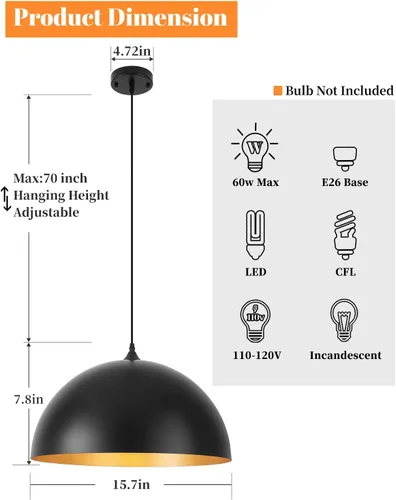Miniatura 4 de Luces colgantes negras de 15.7 pulgadas para isla de cocina, lámpara colgante industrial grande dorada para interiores, para comedor, dormitorio