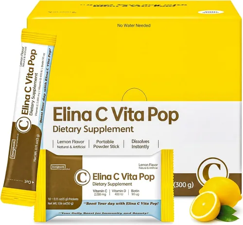 DONGKOOK Vita Pop - Polvo coreano de vitamina C de 2,000 mg sin azúcar, vitamina D y barra de biotina, bebida de limonada, suplementos de vitamina