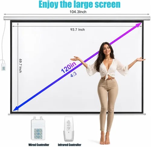 Miniatura 8 de Pantalla de proyector motorizada de 120 pulgadas, pantalla de proyector eléctrica 4:3 con control remoto, pantalla de cine HD para interiores