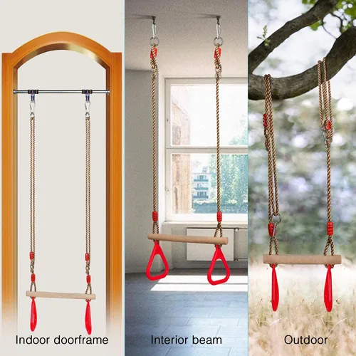 Miniatura 7 de PELLOR - Barra de trapecio de madera para juegos infantiles con anillos de gimnasio de plástico, juego de columpio para diversión en interiores