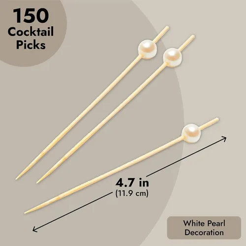 Miniatura 4 de Okuna Outpost Palillos de dientes para aperitivos, 4.7 pulgadas, perla blanca, 150 unidades, brochetas de bambú para selecciones de cóctel