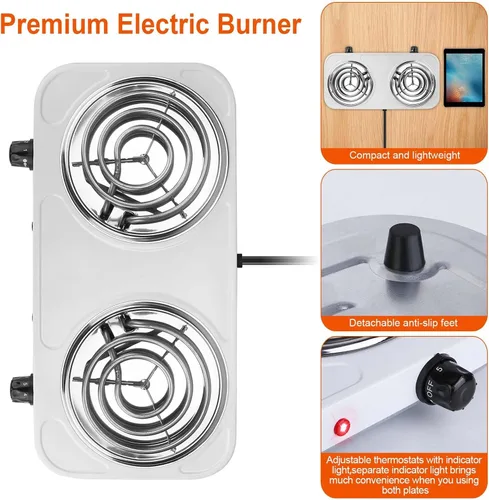 Miniatura 6 de Quemador doble de 2000 W, placa eléctrica para cocinar estufa de cocina portátil, quemador de encimera para cocina, dormitorio, control de Negro