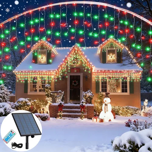 Miniatura 9 de Luces solares de Navidad de 320 LED, luces de cortina impermeables para decoraciones navideñas al aire libre, 29.5 pies, 60 gotas, 8 modos, luces