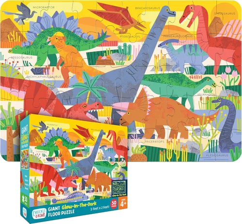 Chuckle & Roar Rompecabezas de piso jumbo de dinosaurio – 50 piezas, 24 x 36 pulgadas, edades de 4 a 6 años – Rompecabezas para niños que brilla en