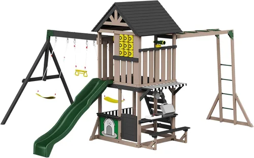 Miniatura 9 de Albott Juego de columpios de madera para niños, gran juego 11 en 1 para exteriores con casa de juegos, tobogán ondulado, 2 columpios y pared