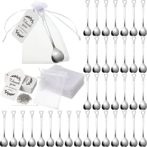 Miniatura 8 de Meanplan Juego de 50 cucharas de corazón doradas para fiestas, cucharas de café de acero inoxidable con bolsas de organza, tarjetas