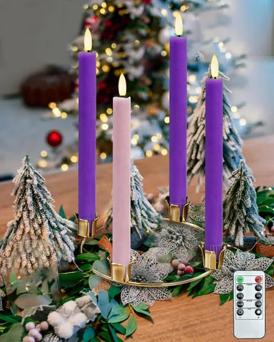 SHYMERY Velas de Adviento sin llama, velas LED eléctricas de cera real, funcionan con pilas, con temporizador remoto, juego de 4 colores morado y