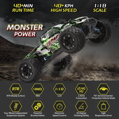 Miniatura 7 de TENSSENX Coches RC todo terreno a escala 1:18, 40 KPH de alta velocidad 4WD de control remoto con 2 baterías recargables, camión monstruo
