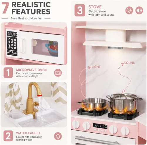 Miniatura 3 de Conjuntos de Cocina de Jugar de Madera Grandes en Rincón con Máquina de Hielo, Dispensador de Agua, Panificadora, Lavadora, Pantalla Electrónica