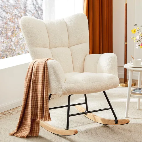 Miniatura 9 de DUMOS Mecedora con respaldo alto, silla deslizadora tapizada de lectura para interiores con asiento cómodo, balancín deslizante para dormitorio