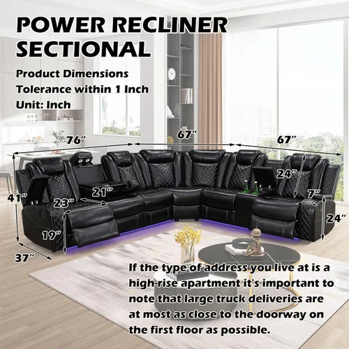 Miniatura 2 de Sofá Seccional Reclinable Eléctrico, Sofá Modular Seccional Reclinable de Cuero Negro, Sofá de Cuero en Forma de L con Luces LED/Cargador