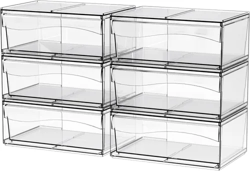 Miniatura 9 de Paquete de 6 cajones de almacenamiento apilables transparentes, organizador de maquillaje de baño grande de 12 pulgadas de ancho y bolígrafo, lentes