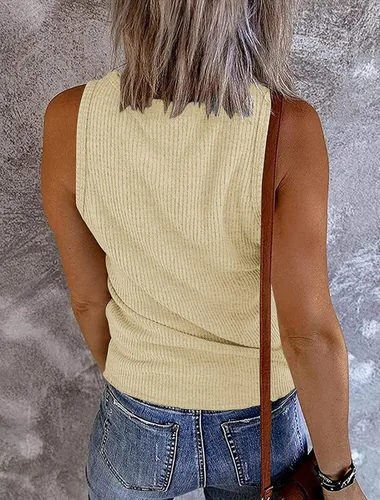 Miniatura 2 de Merokeety Camiseta sin mangas, con cuello en V, para mujer, acanalada, con botones, informal, camisa estilo Henley
