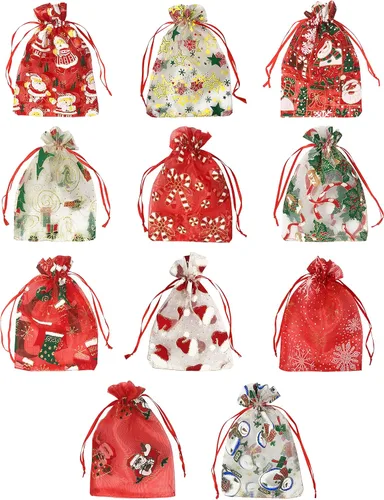 Miniatura 8 de Jexila - 24 bolsas de regalo de organza de Navidad de 4 x 6 pulgadas con cordón, 11 patrones mixtos, pequeñas bolsas de caramelos para fiestas