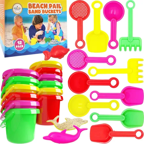 Miniatura 4 de The Dreidel Company Mini juegos para el día de la playa (paquete de 12) cubo de arena de 3.25 pulgadas, la caja incluye cubo, pala, rastrillo