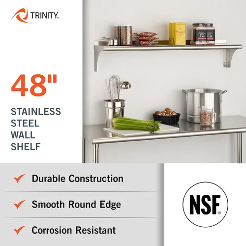 Miniatura 4 de Trinity THA-3326 EcoStorage NSF Estante de pared de acero inoxidable de grado comercial para cocina, garaje, despensa, almacenamiento, 48 pulgadas