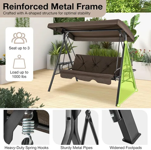 Miniatura 5 de Tangkula Columpio de porche para 3 personas, cama columpio convertible 2 en 1 para patio con toldo ajustable, mesa de 2 tazas, cojines de asiento