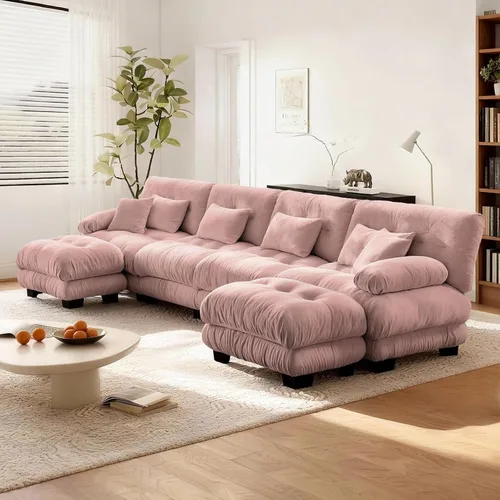 Miniatura 90 de Reposapiés Otomano Tapizado de Terciopelo con Cojín para Sofá Seccional Sofá 300 libras para Sala de Estar (Beige)