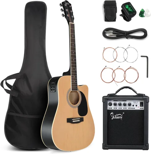 Miniatura 9 de GLARRY Kit de guitarra eléctrica acústica de tamaño completo con 6 cuerdas para principiantes con amplificador de 15W, guitarra eléctrica acústica
