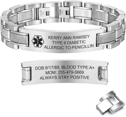 Miniatura 8 de Free Custom Engraving Medical ID Bracelet 2-tone Blue Black Titanium Steel Heavy Masculine Elaborate Men's Medical Alert Bracelet Wristband Jewelry