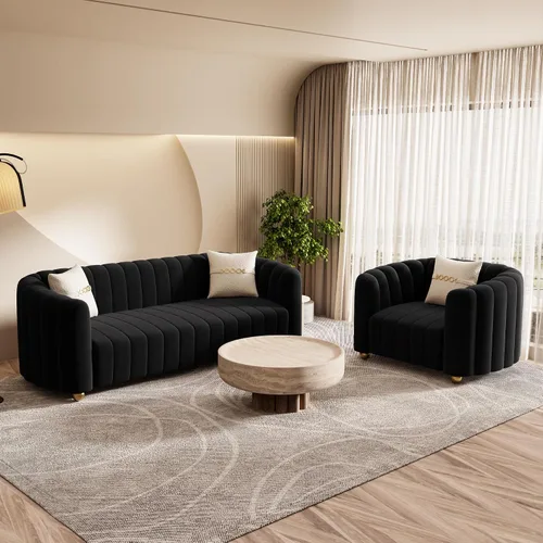 Miniatura 19 de Moderno juego de sofá de terciopelo negro de 3 piezas para sala de estar, juego de sofá curvado acolchado con patas de esfera de metal dorado