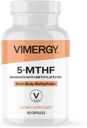 Vimergy Cápsulas de 5-MTHF – 60 porciones (1 cápsula/porción) 8500 mcg de L-metilfolato glucosamina y 500 mcg de suplemento de vitamina B12 –