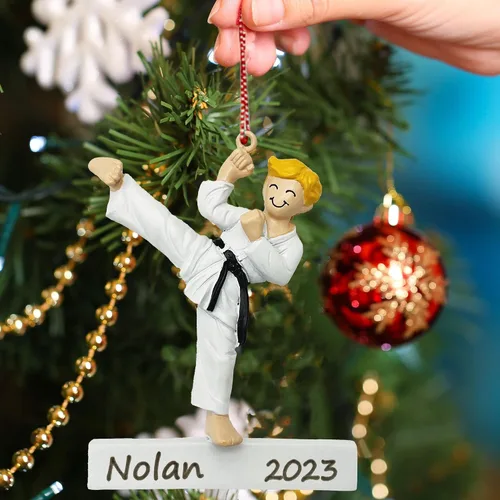 Miniatura 4 de Adorno para árbol de Navidad de karate, cinturón negro dominado personalizado niño rubio Jitsu Judo ornamento de artes marciales