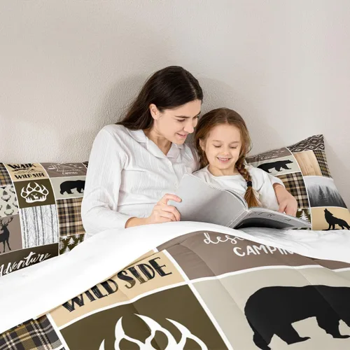 Miniatura 6 de Juego de edredón rústico para niños estilo granja de tamaño queen, juego de ropa de cama con diseño de astas de ciervo y huellas de oso, estampado a