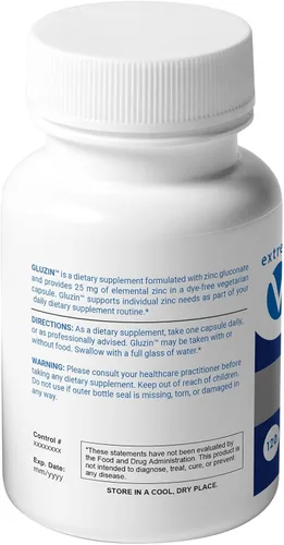 Miniatura 2 de Suplemento de zinc Gluzin™ 25 mg Gluconato de zinc Etiqueta limpia, 120 cápsulas vegetarianas pequeñas Opción suave y de dosis baja para apoyo