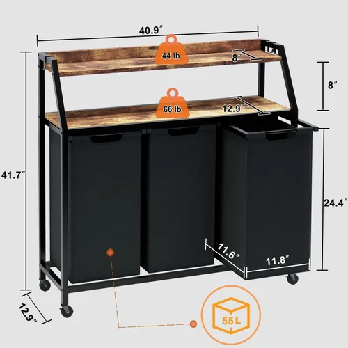 Miniatura 7 de Timberer Cesta de lavandería, clasificador de ropa de 3 secciones, cesta de lavandería rodante con ruedas, 2 estantes, 3 × 54.5 L, bolsas extraíbles