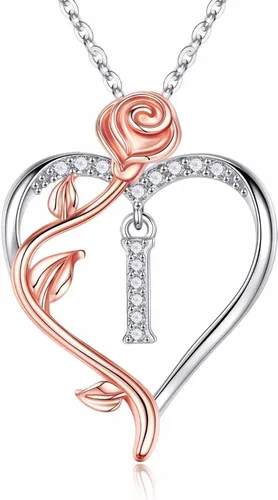Iefil Collares de corazón de rosa, regalos para mujer, plata de ley 925, collar con dije de letra de corazón rosa, joyería, día de la madre, San
