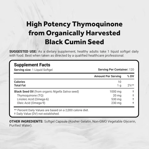 Miniatura 4 de Naturalis Aceite de semilla negra prensado en frío 1000 mg 2% de timoquinona natural (TQ) para cabello, piel, uñas y apoyo cardiovascular Sin
