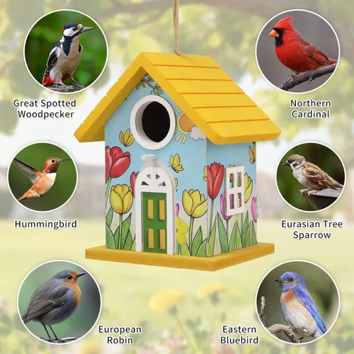 Miniatura 2 de Casas de madera para pájaros para exteriores, casa de pájaros de madera amarilla para exteriores, tulipanes pintados a mano, casas de pájaros