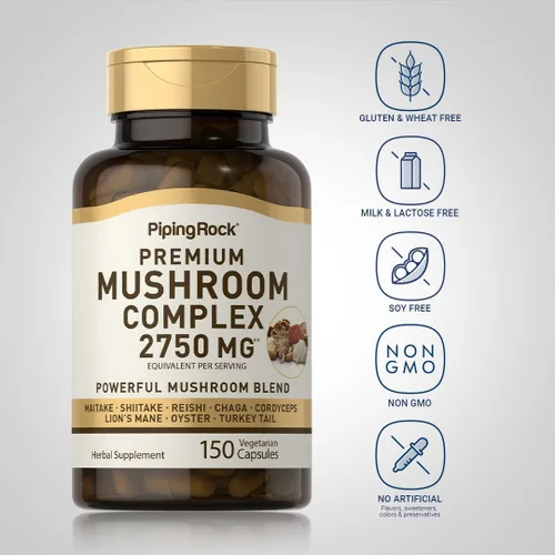 Miniatura 3 de Piping Rock Cápsulas complejas de hongos 150 píldoras Suplemento de extracto de hierbas Mezcla 8 en 1 con melena de león, reishi, shiitake