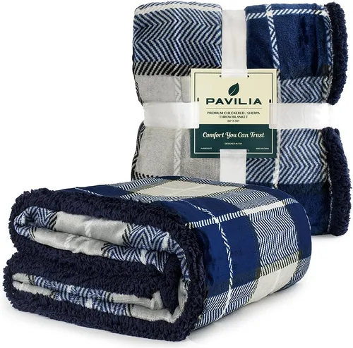 Miniatura 2 de PAVILIA Premium Manta de cama de vellón sherpa a cuadros tamaño individual, súper suave, acogedora, afelpada, microfibra ligera, reversible