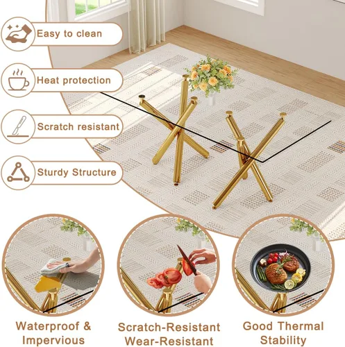 Miniatura 3 de Mesa de comedor de cristal de 71 pulgadas, mesa de comedor dorada para 6-8, mesa de cocina y comedor de gran tamaño con parte superior de vidrio