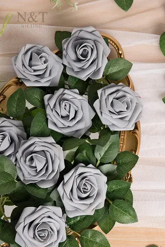 Miniatura 262 de N&T NIETING Flores artificiales, rosas artificiales de color rosa intenso, 50 piezas de flores falsas con tallo para ramos de boda DIY, centros