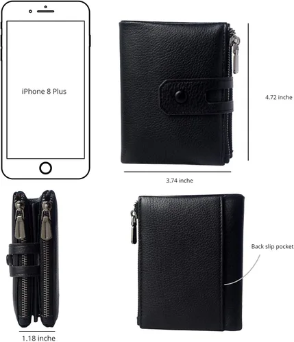 Miniatura 6 de Bveyzi - Billetera pequeña de cuero suave para mujer con bloqueo RFID, tarjetero para damas con doble bolsillo con cremallera