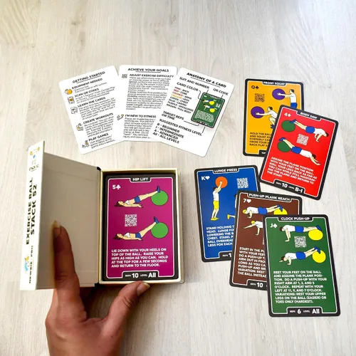 Miniatura 2 de Stack 52 - Tarjetas de ejercicio, diseño de bola Juego de cartas de entrenamiento con bola suiza. Instrucciones de vídeo incluidas. Programa
