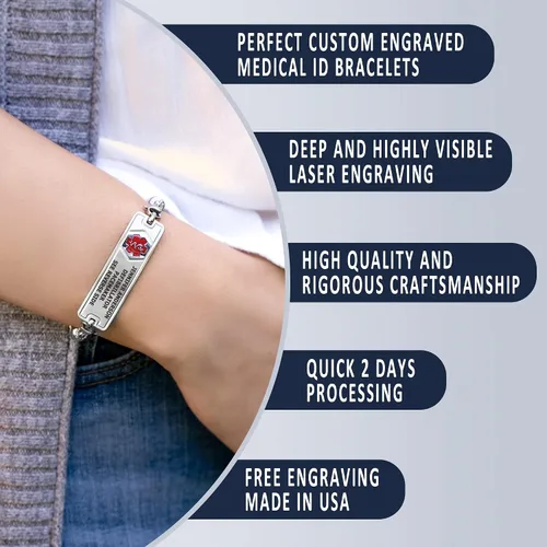 Miniatura 3 de Divoti Custom Engraved Medical Alert Bracelets for Women, Stainless Steel Medical Bracelet, Medical ID Bracelet wFree Engraving Classic Tag wWheat
