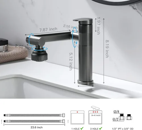 Miniatura 6 de Pistola de grifo de baño giratoria de 1080 grados, grifo de lavabo gris, 1 mango, rociador de ángulo grande, extensor de boquilla de aireador Gris